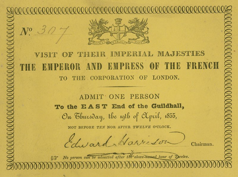 Invitation to the Visit of Their Imperial Majesties, the Emperor and Empress of the French, at the Guildhall, London, on 19 April 1855 by English School