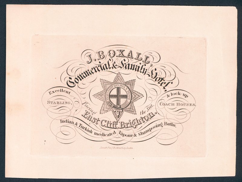J Boxall, commercial and family hotel, trade card by English School