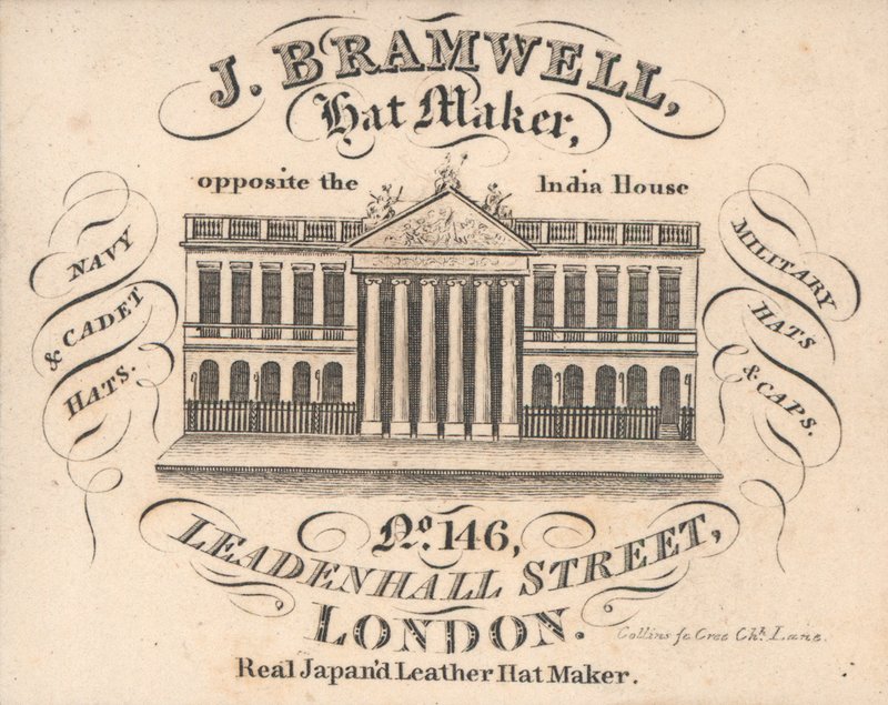 J Branwell, Hat Maker, 146 Leadenhall Street, Trade Card by English School