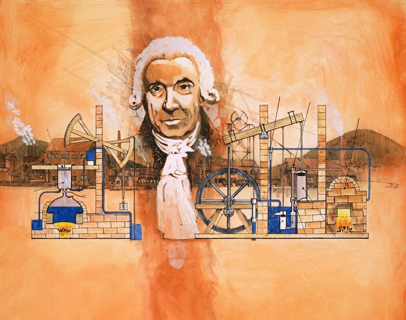 James Watt with Kilns and Mechanical Pumps in Background by English School