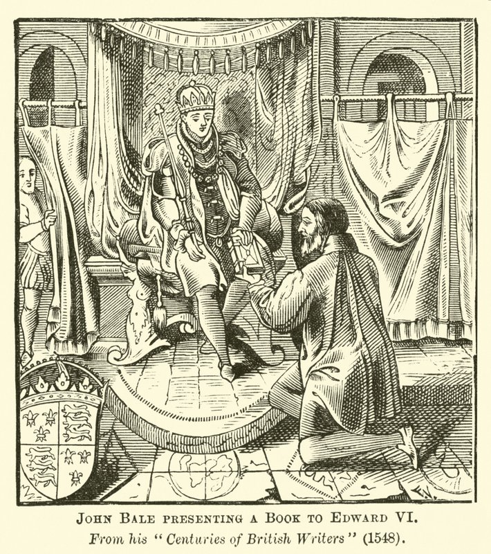 John Bale presenting a Book to Edward VI by English School
