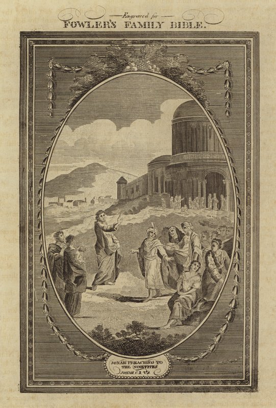 Jonah preaching to the Ninevites, Jonah, Chapter 3, Verse 4 by English School