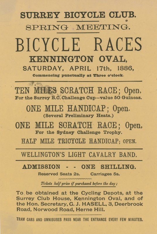 Leaflet Advertising Bicycle Races at Kennington Oval, 17 April 1886 by English School