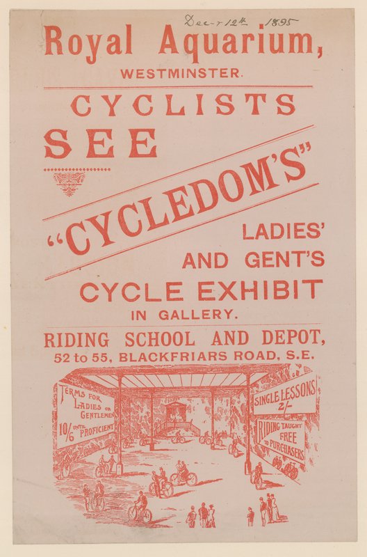 Leaflet Advertising the Cycledoms Ladies and Gents Cycle Exhibit at the Royal Aquarium by English School