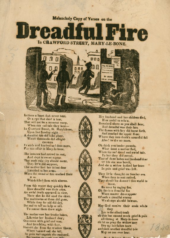 Leaflet with verse relating to a fire in Crawford Street, Marylebone, London by English School