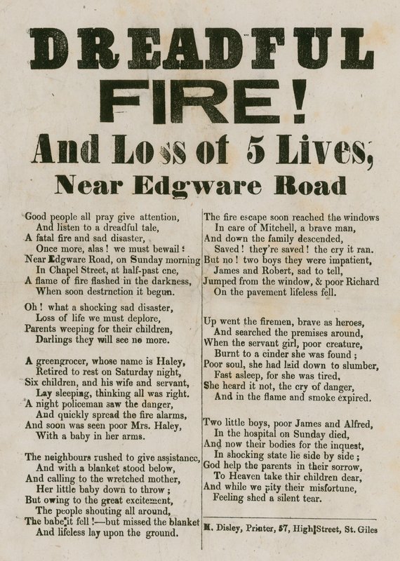 Leaflet with verse relating to a fire near Edgware Road, London by English School
