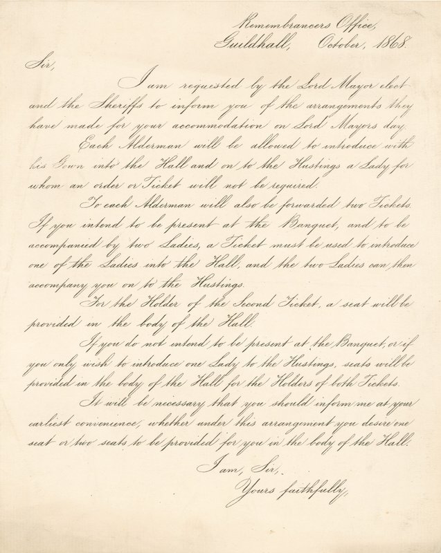 Letter Detailing Arrangements for a Banquet at the Guildhall, London, on 9 November 1868 by English School