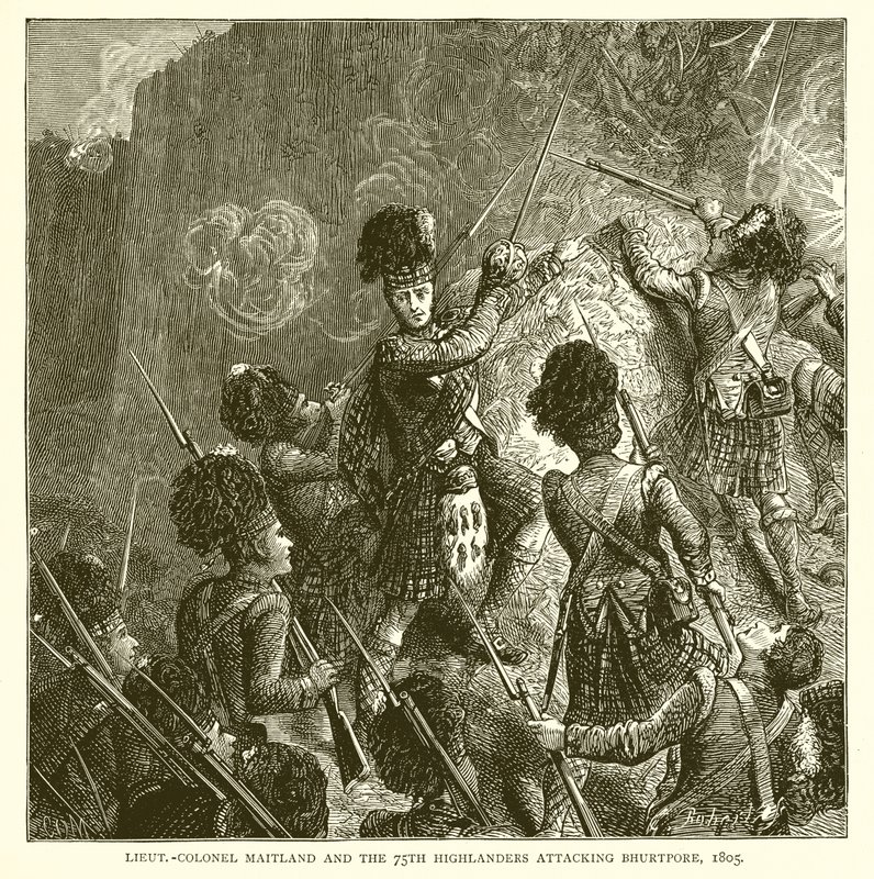 Lieut.-Colonel Maitland and the 75th Highlanders attacking Bhurtpore, 1805 by English School