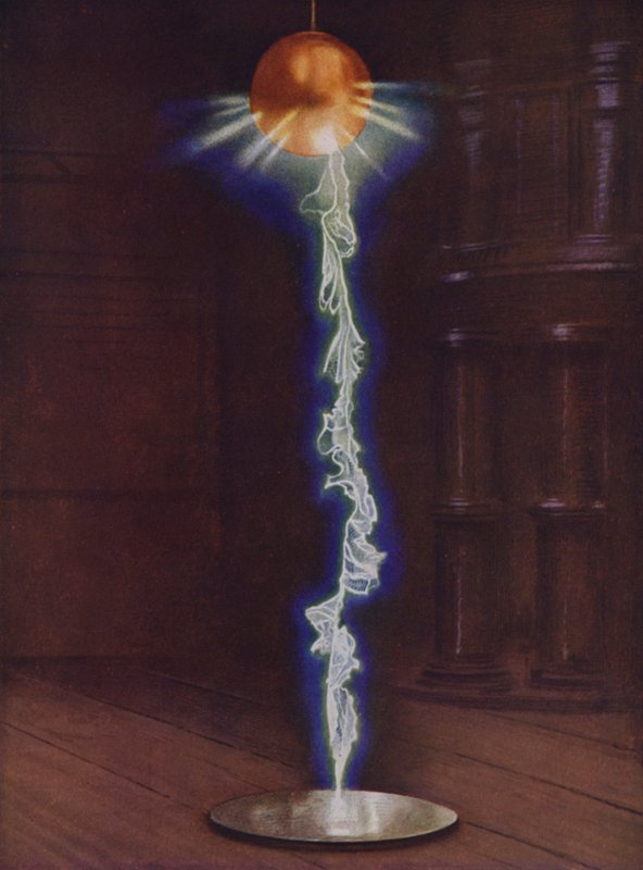 Lightning in a Laboratory: Million Volt Flash Passing from a Copper Ball to an Earth Consisting of a Metal Plate Below by English School