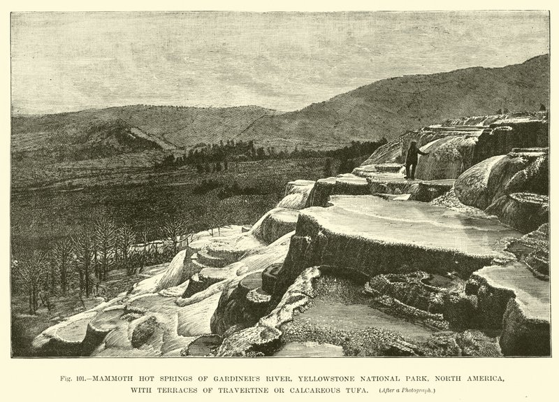 Mammoth hot springs of Gardiners River, Yellowstone National Park, North America, with terraces of Travertine or Calcareous Tufa by English School