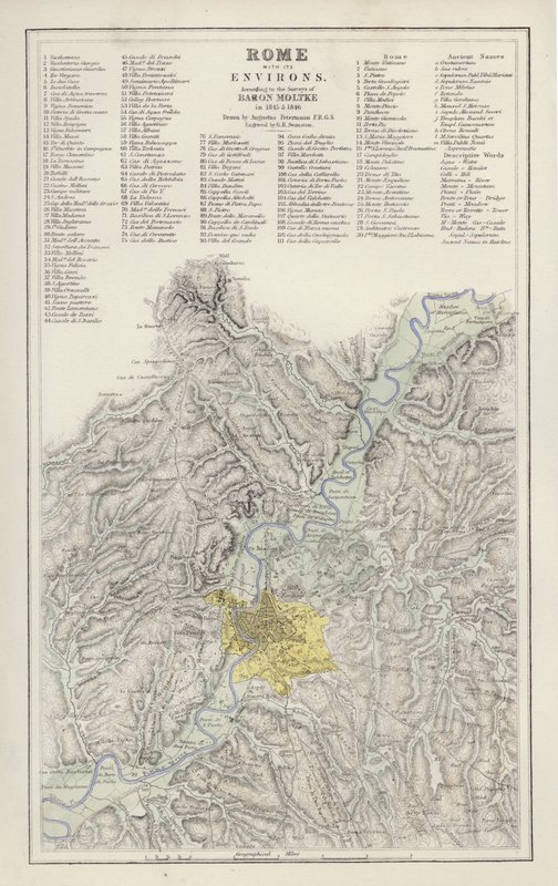 Map: Rome, with its Environs, according to the Survey of Baron Moltke, in 1845 and 1846, drawn by Augustus Petermann by English School