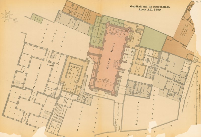 Map of Guildhall, London, and Surrounding Area About 1750 by English School