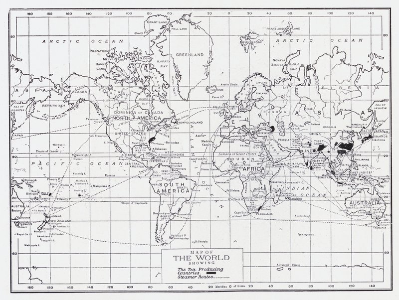 Map of the world showing the tea producing countries by English School