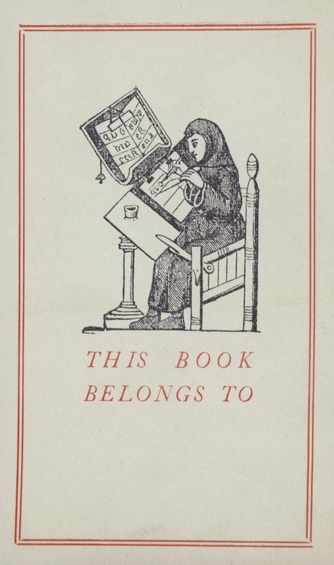 Medieval scribe working on a manuscript, book ownership label by English School