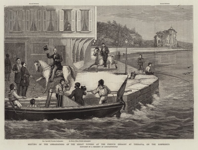 Meeting of the Ambassadors of the Great Powers at the French Embassy at Therapia, on the Bosphorus (engraving) by English School
