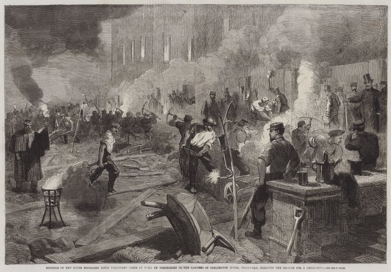 Members of the South Middlesex Rifle Volunteers Corps at Work by Torchlight in the Gardens of Burlington House, Piccadilly, clearing the Ground for Drill-Shed by English School