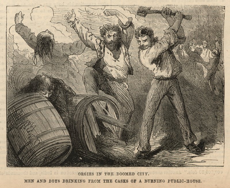 Men and Boys Drinking from the Casks of a Burning Public-House by English School
