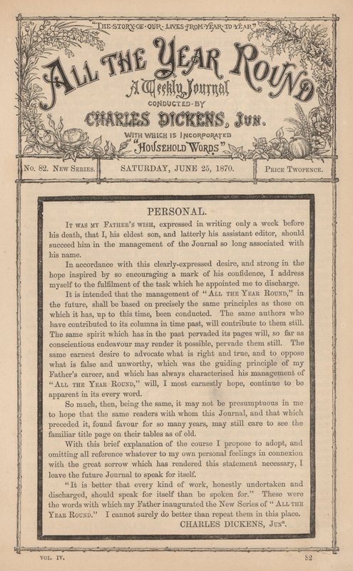 Message from Charles Dickens Junior in the Weekly Journal All The Year Round, After His Father