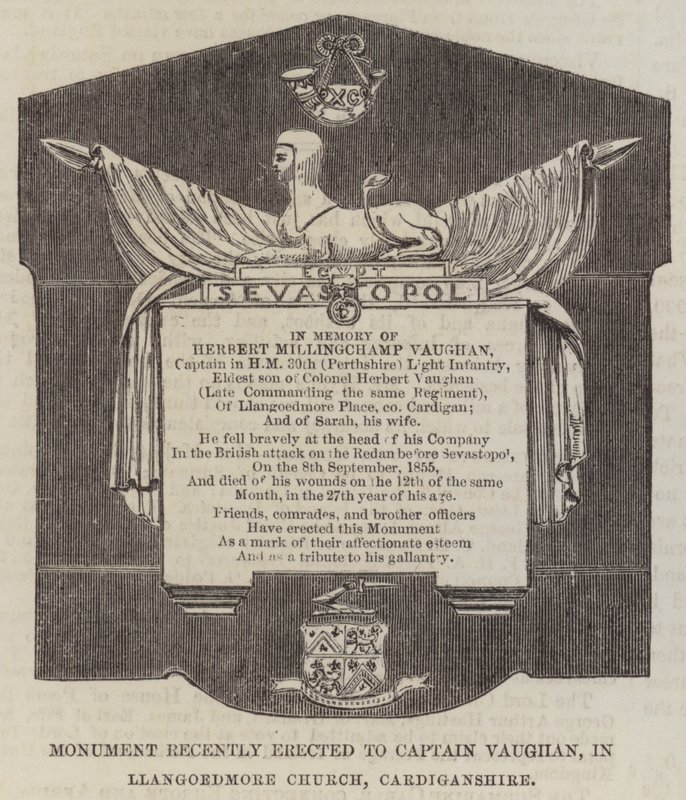 Monument Recently Erected to Captain Vaughan, in Llangoedmore Church, Cardiganshire by English School