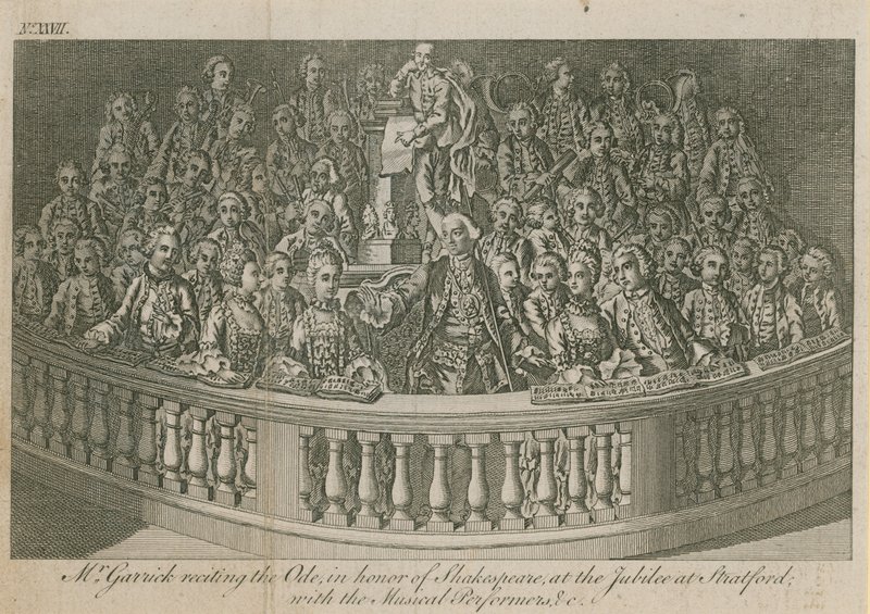 Mr David Garrick reciting the Ode, in honour of William Shakespeare at the jubilee at Stratford by English School