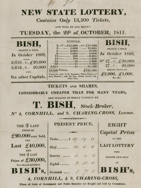 New State Lottery, run by T. Bish, stockbroker, 4 Cornhill and 9 Charing Cross, London by English School