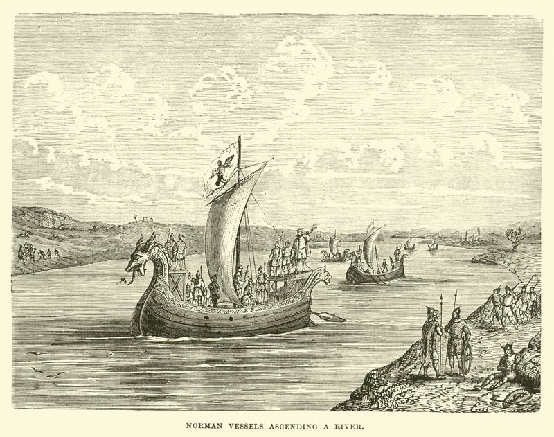 Norman Vessels Ascending a River by English School