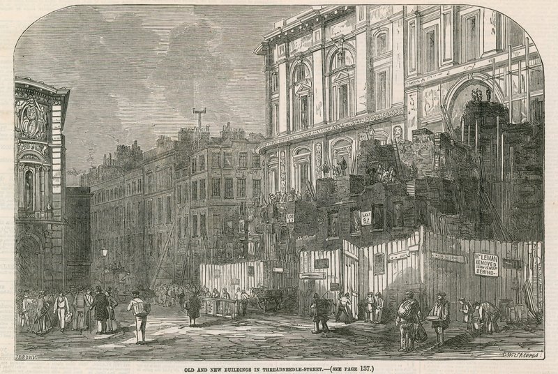 Old and new buildings in Threadneedle Street, London by English School