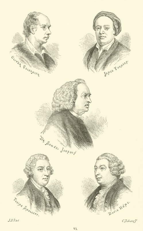 Oliver Goldsmith, James Thomson, Dr. Samuel Johnson, Tobias Smollett, David Hume by English School