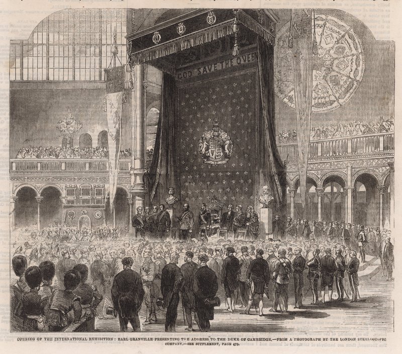 Opening of the International Exhibition; Earl Granville presenting the address to the Duke of Cambridge by English School