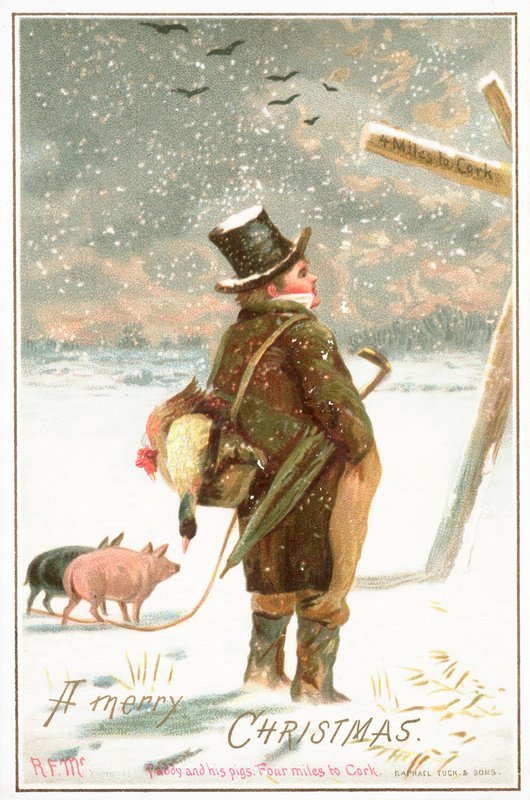 Paddy and his Pigs, 4 Miles to Cork, Christmas Card by English School