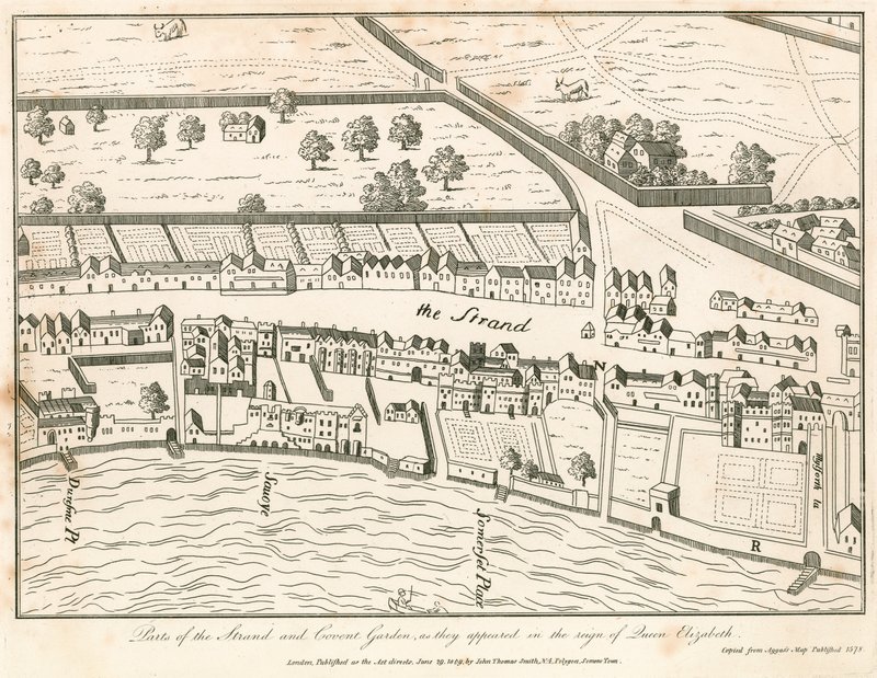 Part of The Strand and Covent Garden, London, as they appeared in the reign of Queen Elizabeth by English School
