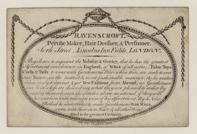 Ravenscroft Peruke Maker, trade card by English School