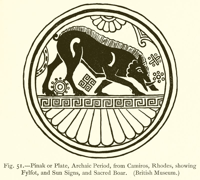 Pinak or Plate, Archaic Period, from Camiros, Rhodes, showing Fylfot, and Sun Signs, and Sacred Boar by English School