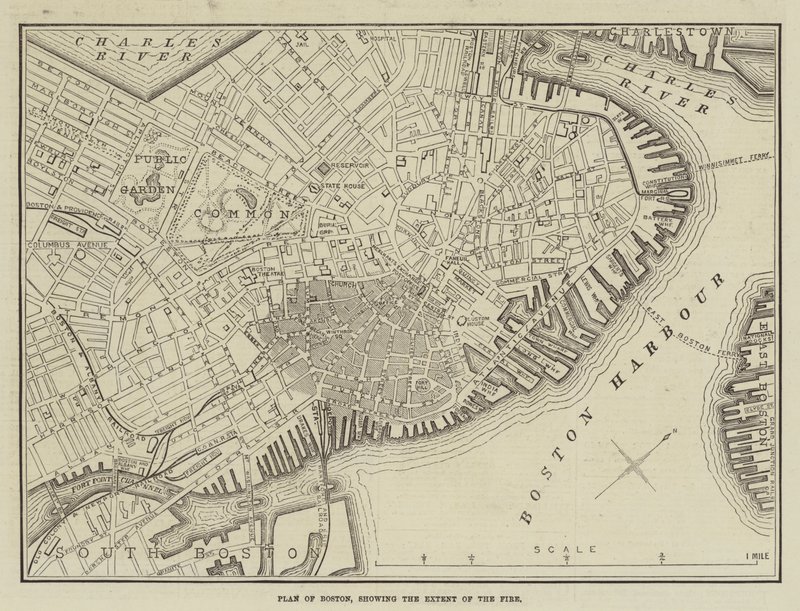 Plan of Boston, showing the Extent of the Fire by English School