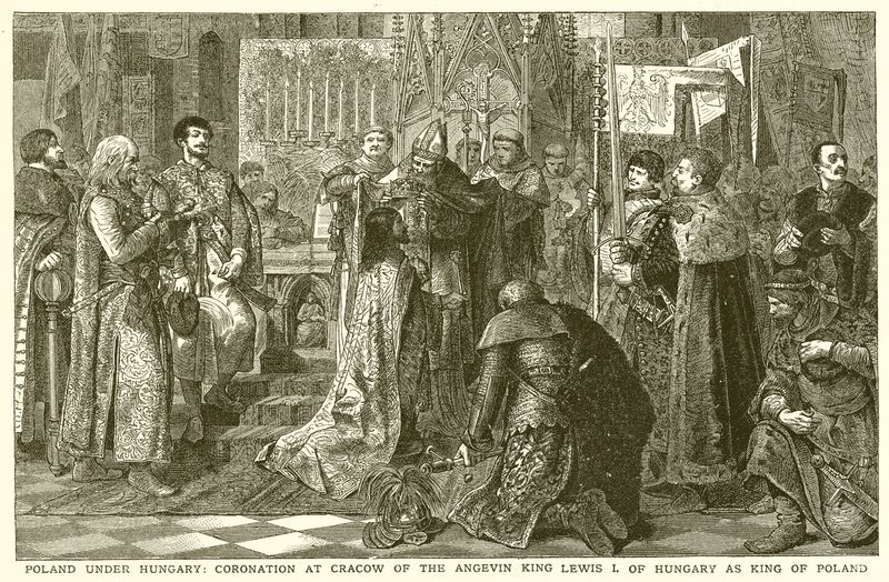Poland under Hungary: Coronation at Cracow of the Angevin King Louis I of Hungary as King of Poland by English School