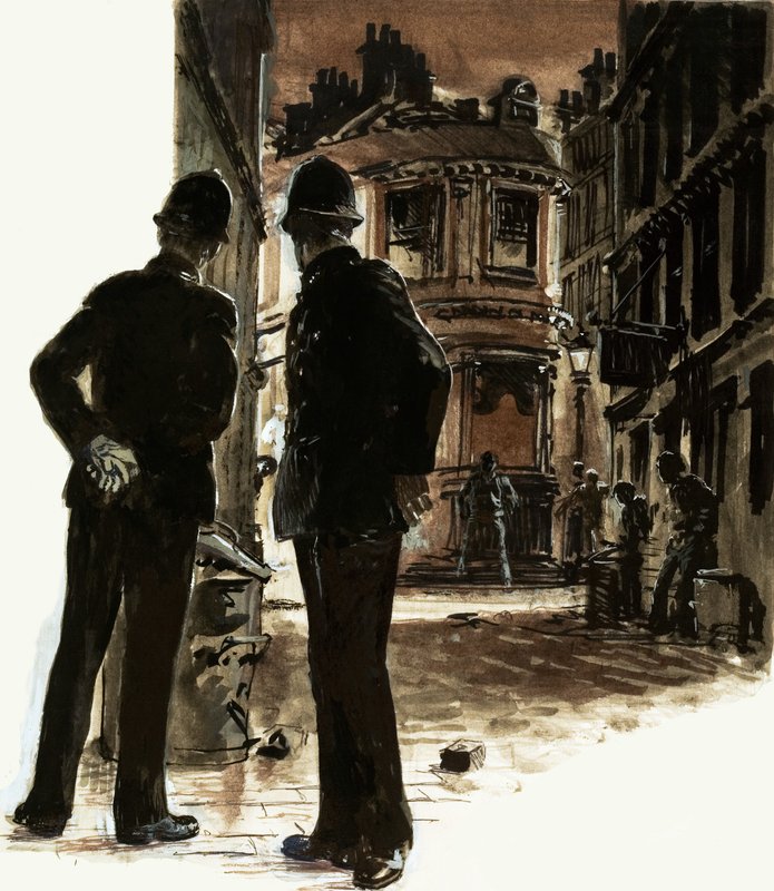Policemen patrol the slums of Glasgow by English School