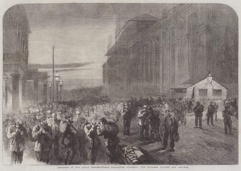 Progress of the Great International Exhibition Building, the Workmen leaving the Grounds by English School