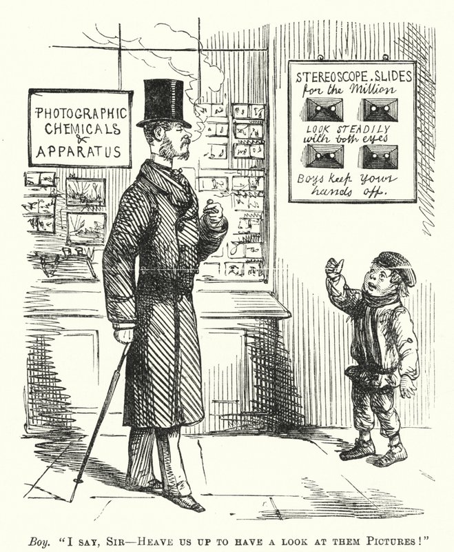 Boy Outside a Photographic Shop Asking to Be Lifted Up So He Can Look at Stereoscopic Slides by English School
