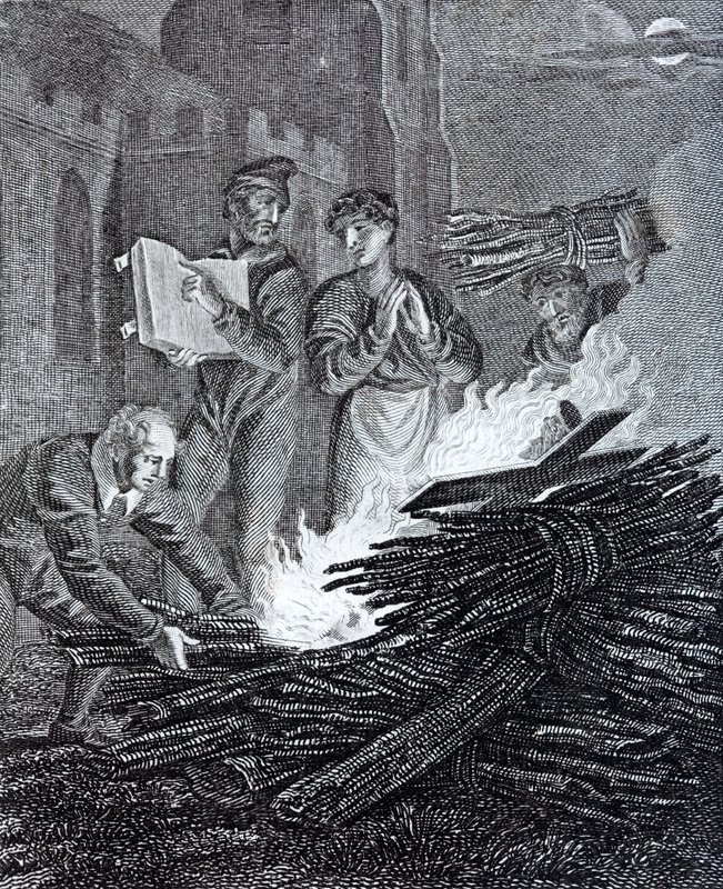 Puritan iconoclasts burning a crucifix taken from a church on the road to Norwich, Norfolk by English School