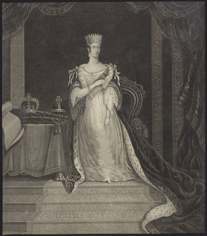 Queen Victoria seated alongside the crown jewels by English School