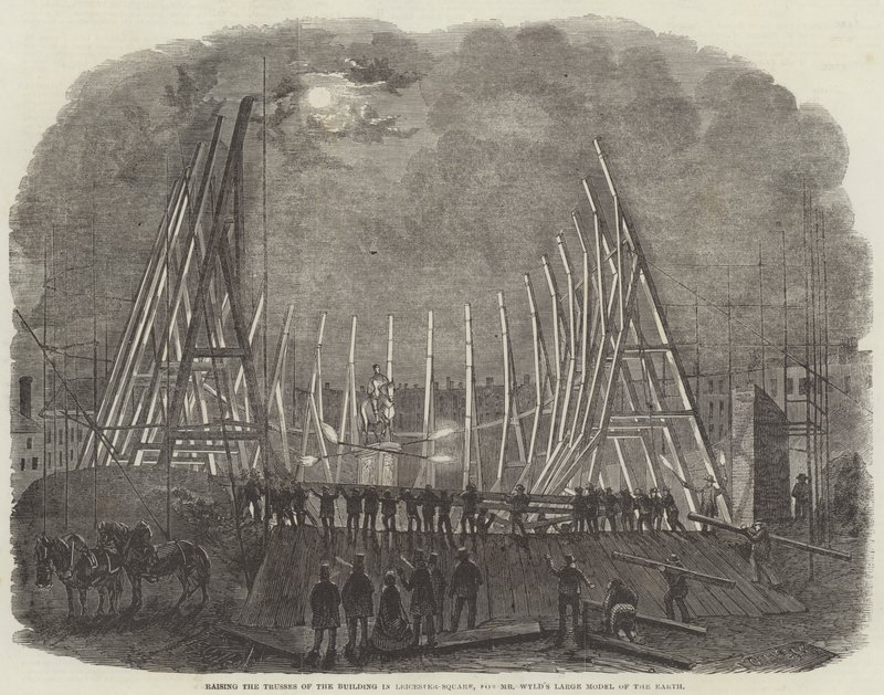 Raising the Trusses the Building in Leicester-Square, for Mr Wyld