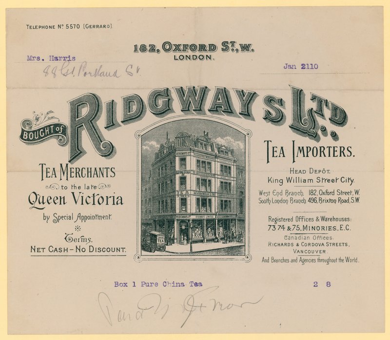 Receipt from Ridgways, tea importers, 182 Oxford Street, London by English School
