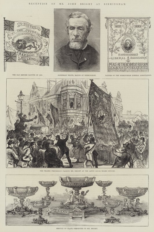 Reception of Mr John Bright at Birmingham (engraving) by English School