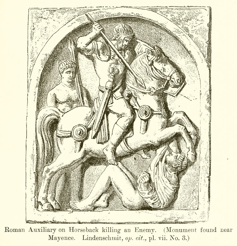 Roman Auxiliary on Horseback Killing an Enemy (Monument found near Mayence. Lindenschmit, op. cit., vii. No. 3) by English School