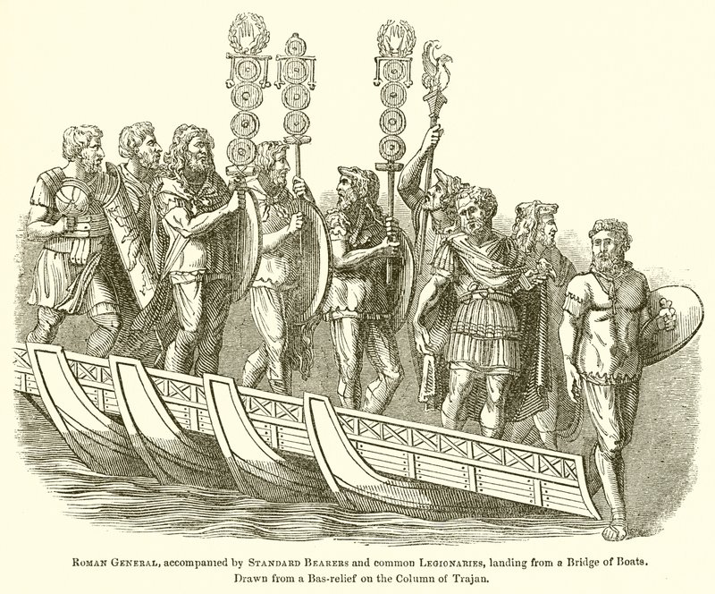 Roman General, accompanied by Standard Bearers and Common Legionaries, landing from a Bridge of Boats by English School