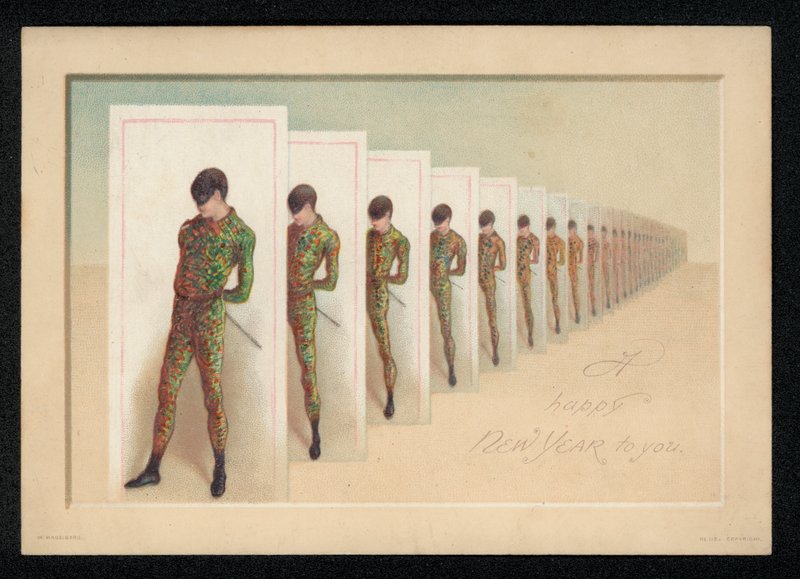 Row of Cards with an Image of a Masked Man, New Year Greetings Card by English School