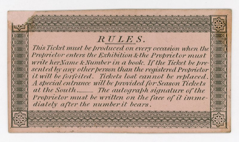 Season Ticket for Admission to the Great Exhibition of 1851, Reverse, Showing Rules by English School