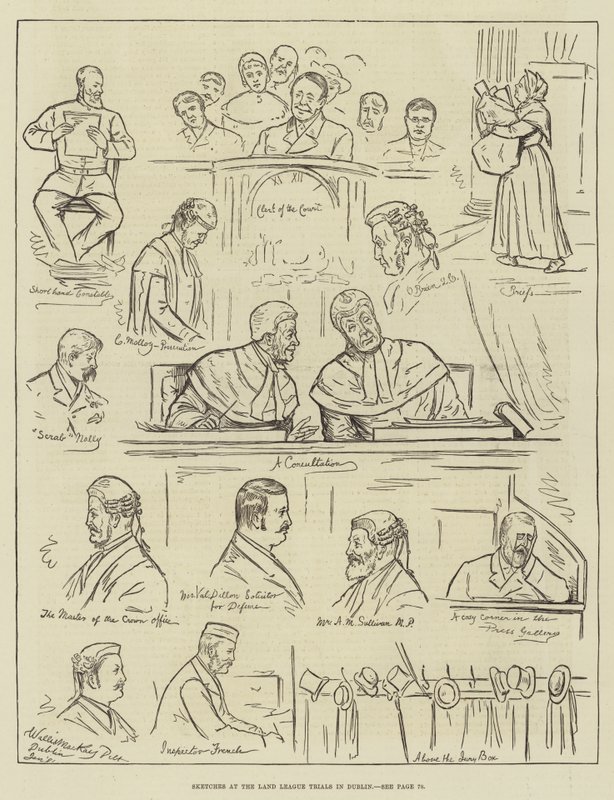Sketches at the Land League Trials in Dublin by English School