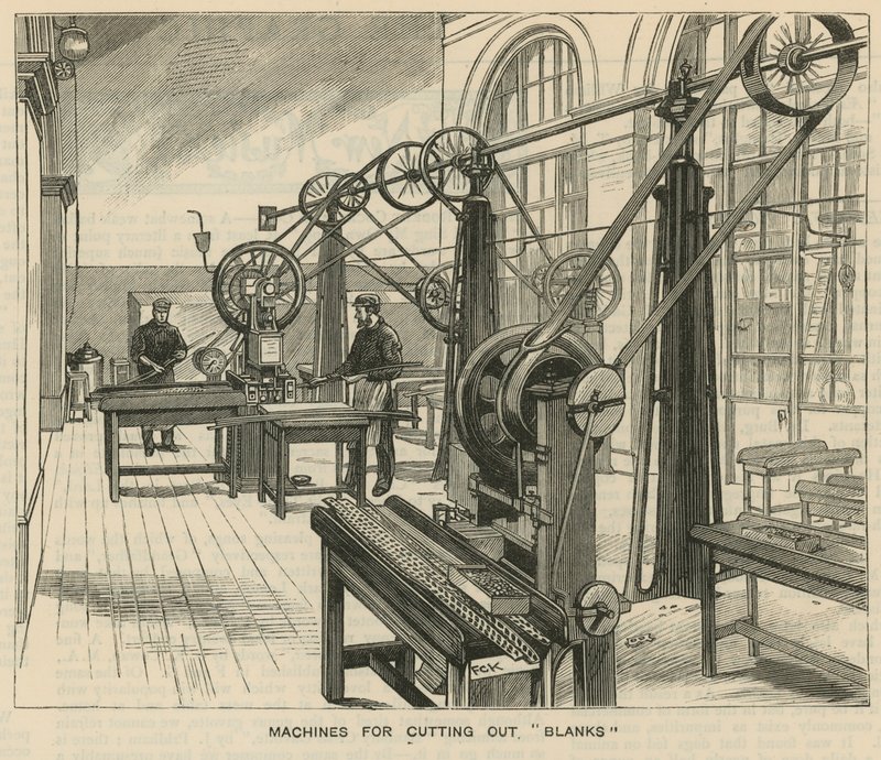 Sketches at the Royal Mint, Tower Hill; Machines for Cutting Out Blanks by English School