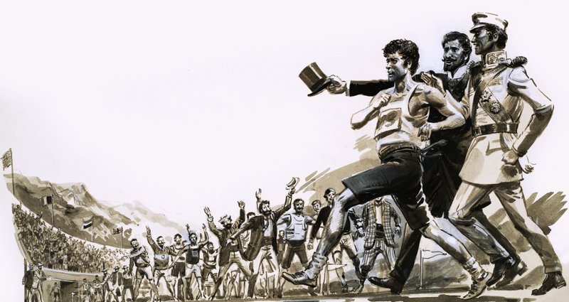 Spiridon Loues winning the Olympic marathon with two Greek princes escorting him by English School